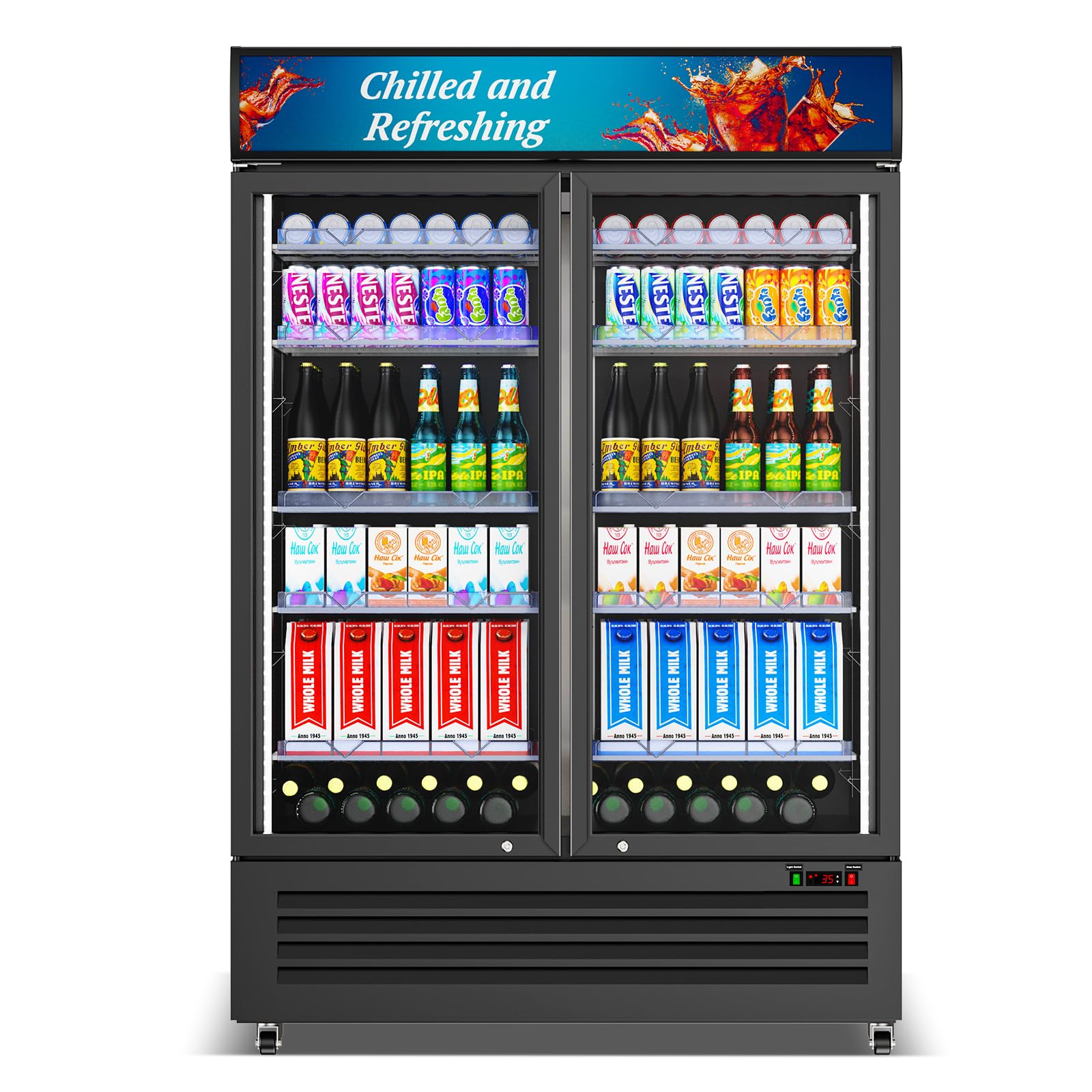 Velieta Commercial Beverage Refrigerator with 2 Glass Door, 383L Display Fridge Beverage Cooler with Customizable Lightbox Adjustable Shelves, Drink Fridge Merchandiser for Restaurant Shop, Black Image