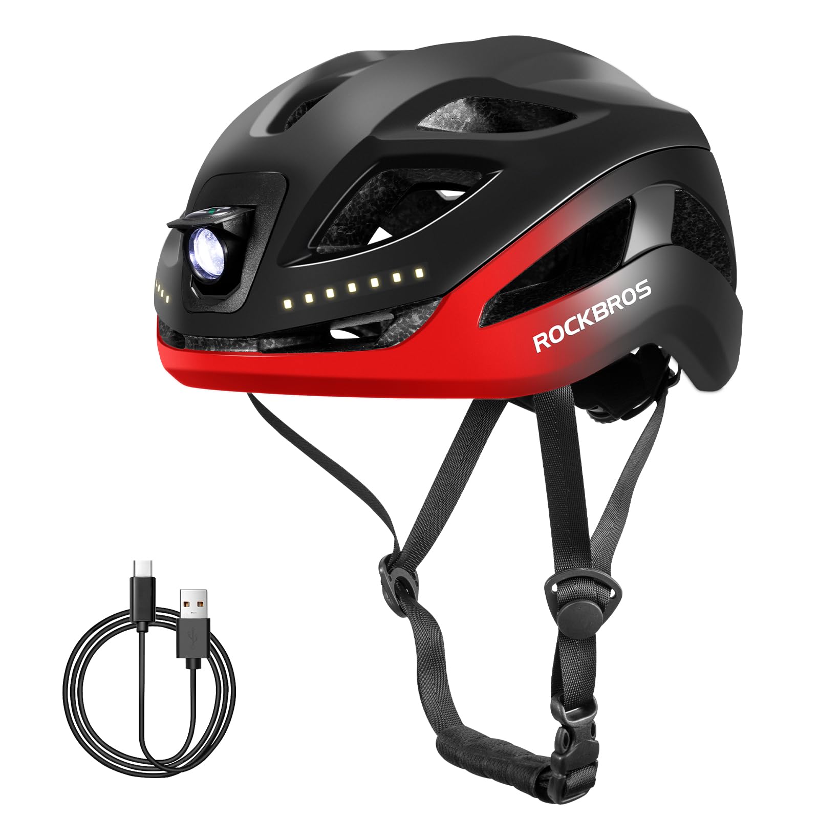 ROCKBROS Bike Helmet with USB Rechargeable Light Lightweight for Men Women Breathable MTB Mountain Bicycle Road Bike Cycling Adjustable Helmet 58-60CM Black Red