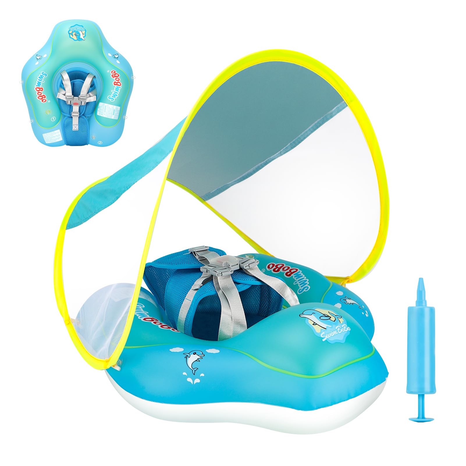 Baby Pool Float with Canopy and Safety Seat Size Improved Infant Pool Floaties Swimming Pool Toys for The Age of 3-36 Months (Blue Dolphin, Large)