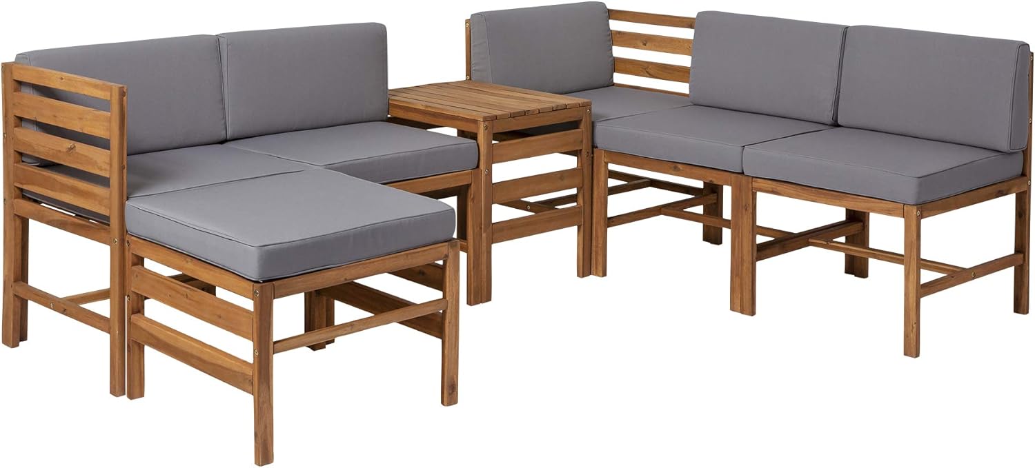 Walker Edison Raya Modern 7 Piece Modular Solid Acacia Wood Patio Set, Set of 7, Brown : Garden & Outdoor