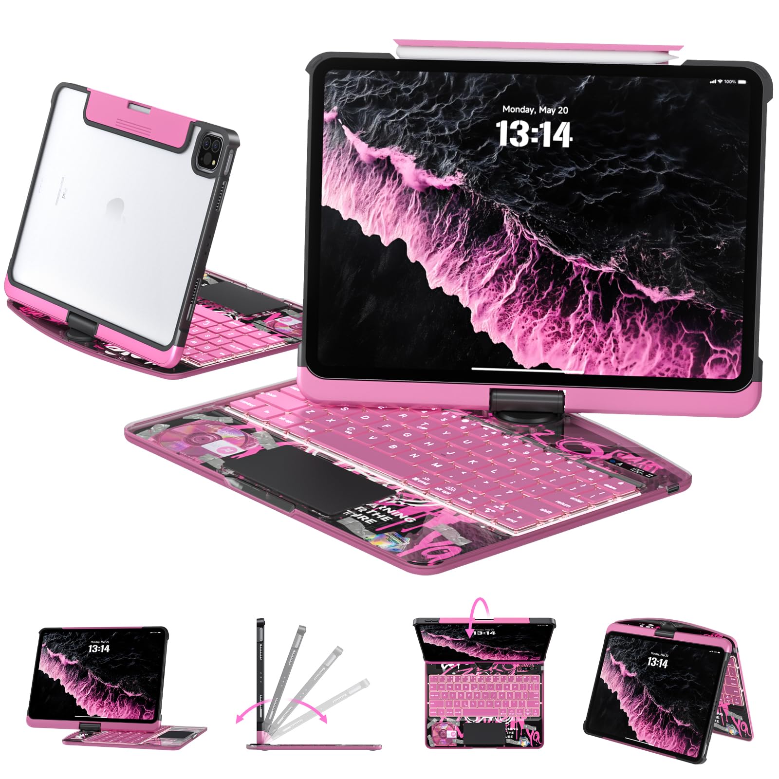 Photo 1 of Transparent Case with Keyboard for iPad 11th Gen 11 Inch.(A16, 2025) & 2022 iPad 10th Gen 10.9 Inch,7-Color Backlit,Wireless Keyboard, 360°Rotating,with trackpad,Pencil Holder,with Shortcuts,pink