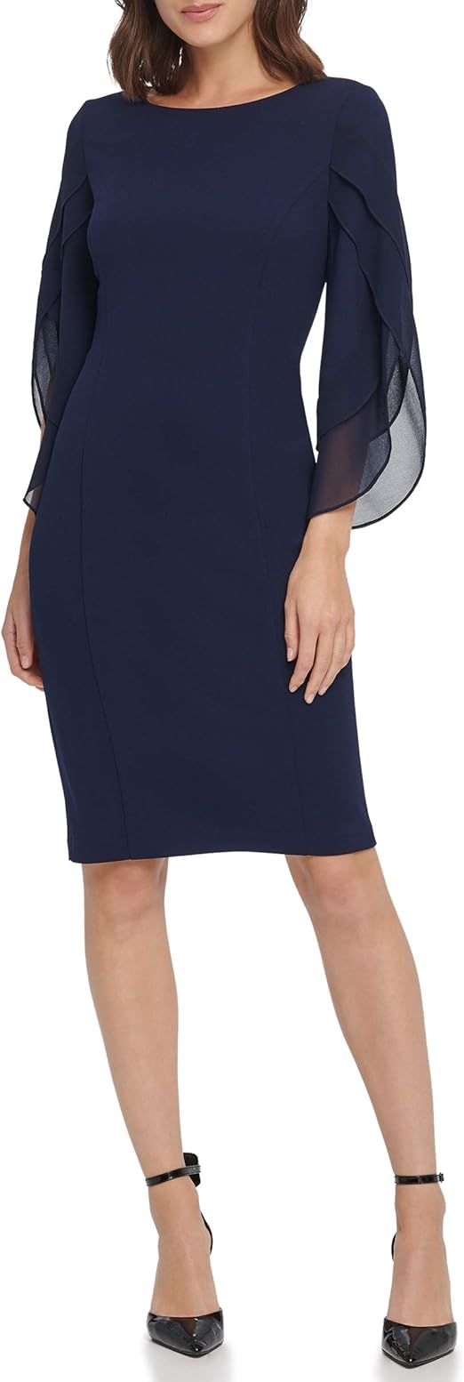 DKNY Women's Sheath with 3/4 Chiffon Sleeve Dress, NAVY, 8 Amazon.co
