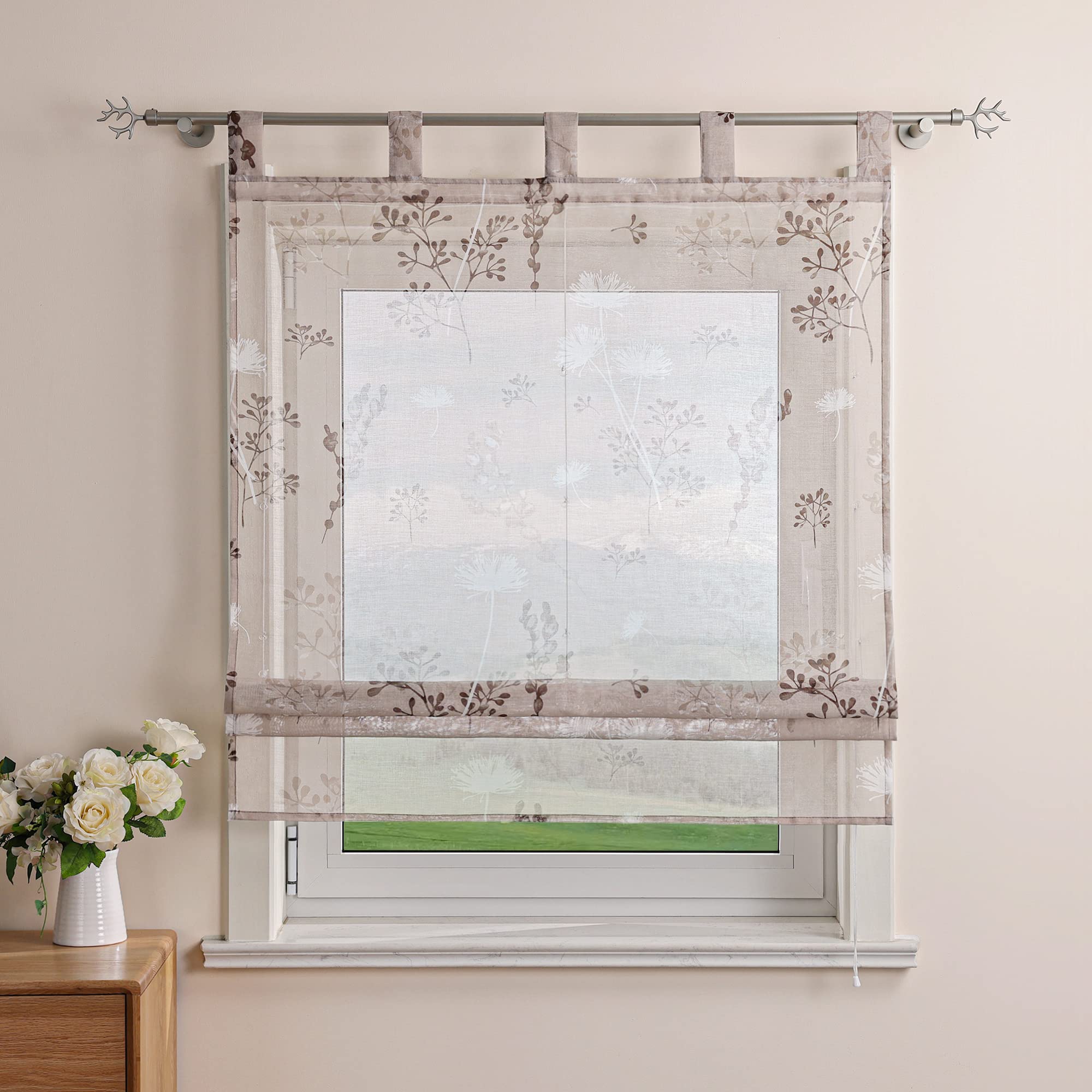 Delien Roman Blind Linen Look Transparent Roller Blinds Country House Kitchen Curtain Modern Roman Curtain with Floral Print "Dandelion" Loop Blind for Small Windows with Loops W x H 80 x 140 cm Sand