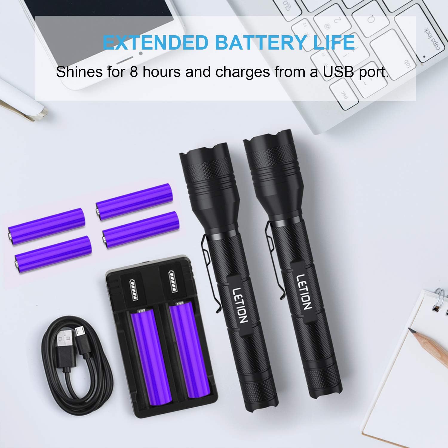 LETION Rechargeable LED Flashlight [2 Pack], Camping Flashlight High Lumens 1500 IPX4 Waterproof 5 Light Modes for Camping Fishing Bicyle, 18650 Batteries(4 pcs) and Charger Included - - 