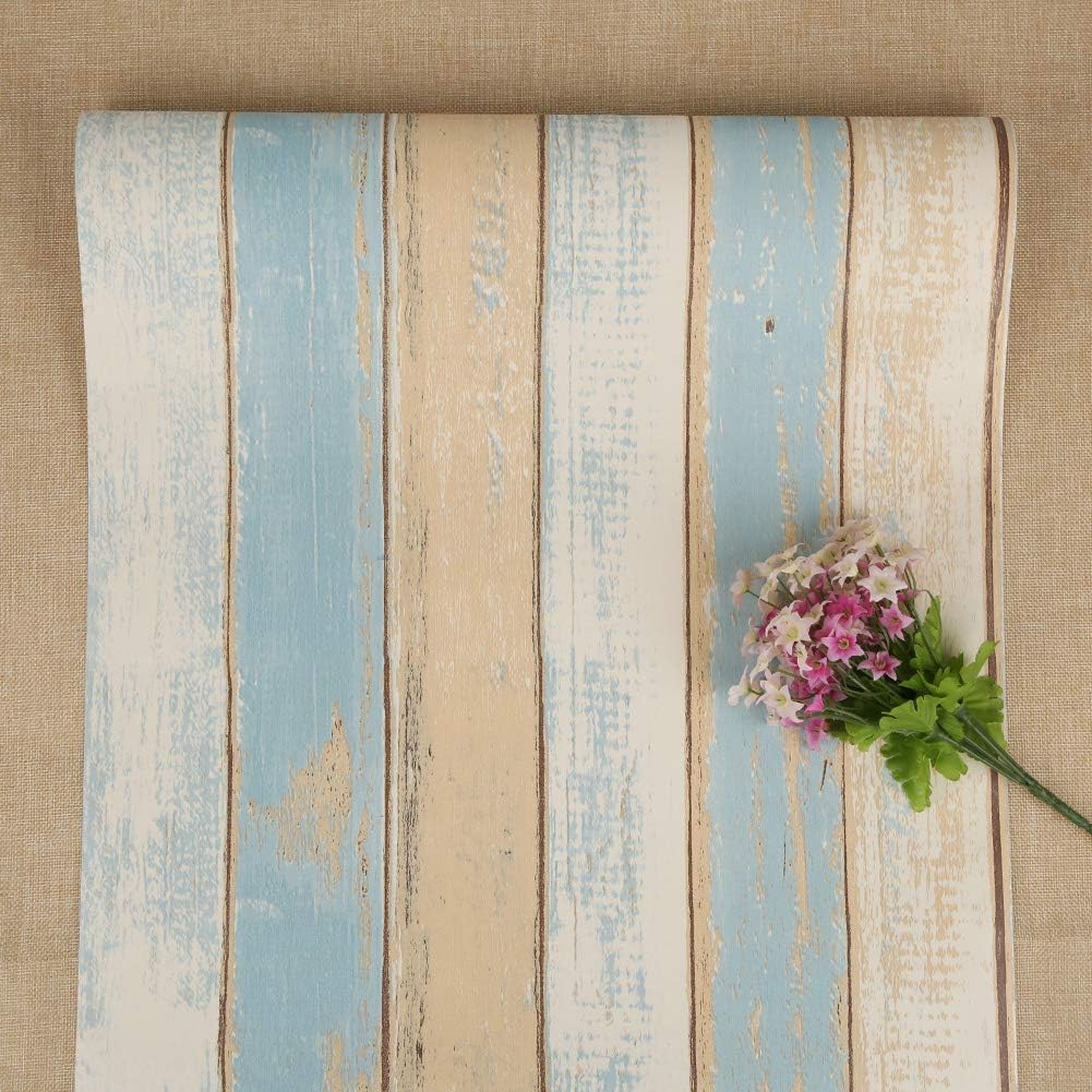 FENTIS Wood Panel Wallpaper for Kitchen Peel and Stick Wallpaper for Bathroom Brown and Blue Self Adhesive Contact Paper for Walls Living Room Wall Sticker for Door Worktop 44.5x1000cm
