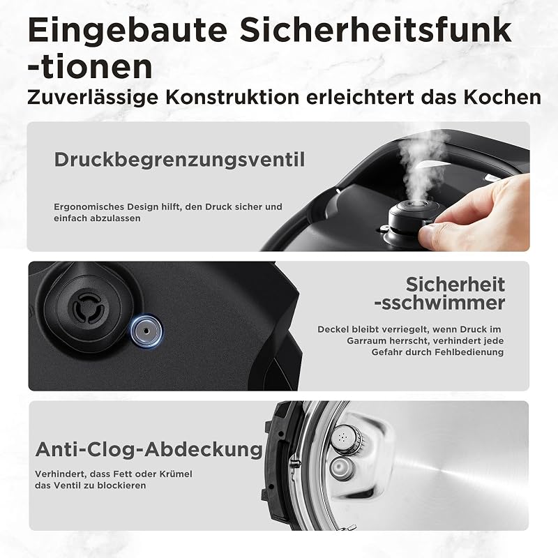 Elektrischer Schnellkochtopf 6L, 9-in-1 Multikocher mit 14 Funktionen, Joghurtbereiter, Reiskocher, Slow Cooker, Sous Vide, Dampfgarer, Nudelkocher, Edelstahl Innentopf, Schwarz