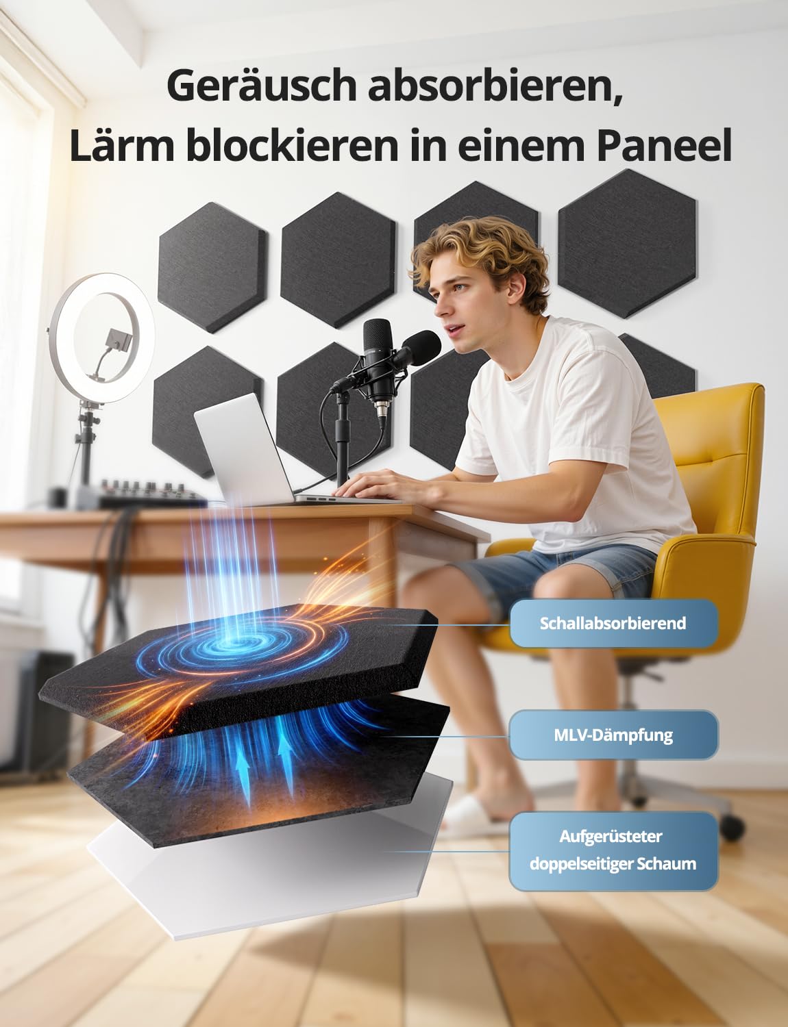 Kuchoow Hexagon Schallschutzplatten selbstklebend Schallschutz Schalldämmung Wand, 12 Stück 2-in-1 Akustikplatten mit Laermschutz MLV für Zimmer, Büro, Nachbarn, Tür, Decke, 30x26x1 cm, Schwarz 2