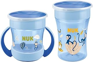 NUK Magic Cup Trinklernbecher Duo Set | Magic Cup 230ml + Mini Magic Cup 160ml mit Ergonomische Griffe | auslaufsicher 360° Trinkrand | BPA-frei | 6+ Monate | Affe (blau)