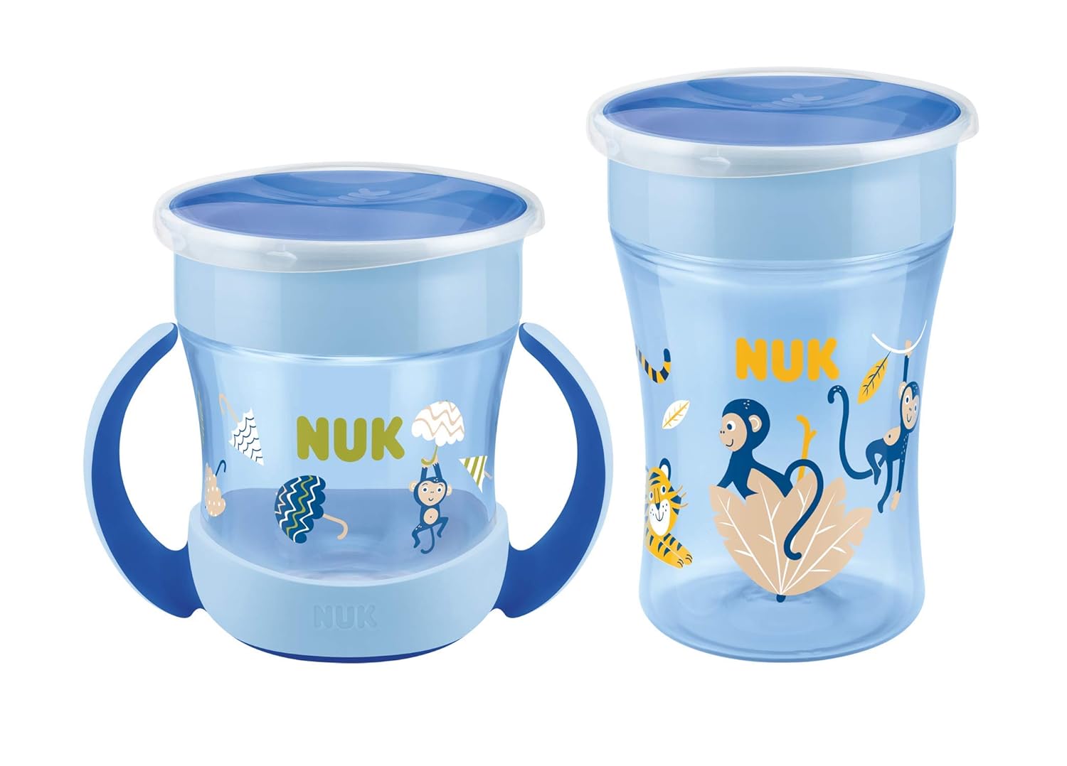 NUK Magic Cup Trinklernbecher Duo Set | Magic Cup 230ml + Mini Magic Cup 160ml mit Ergonomische Griffe | auslaufsicher 360° Trinkrand | BPA-frei | 6+ Monate | Affe (blau)