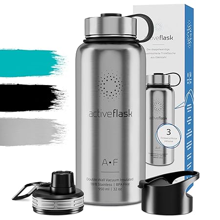 Trinkflasche ACTIVE FLASK Isolierflasche + 3 Trinkverschlüsse | BPA frei - 1l / 0,5 Liter | Vakuum isolierte Edelstahl Thermo