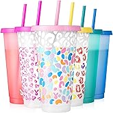Meoky Plastic Cups with Lids and Straws - 6 Pack 24 oz Color Changing Cups, Iced Coffee Cups, Reusable Tumblers Bulk for Party, Car, Adults, Women, BPA-free (Solid & Patterned)