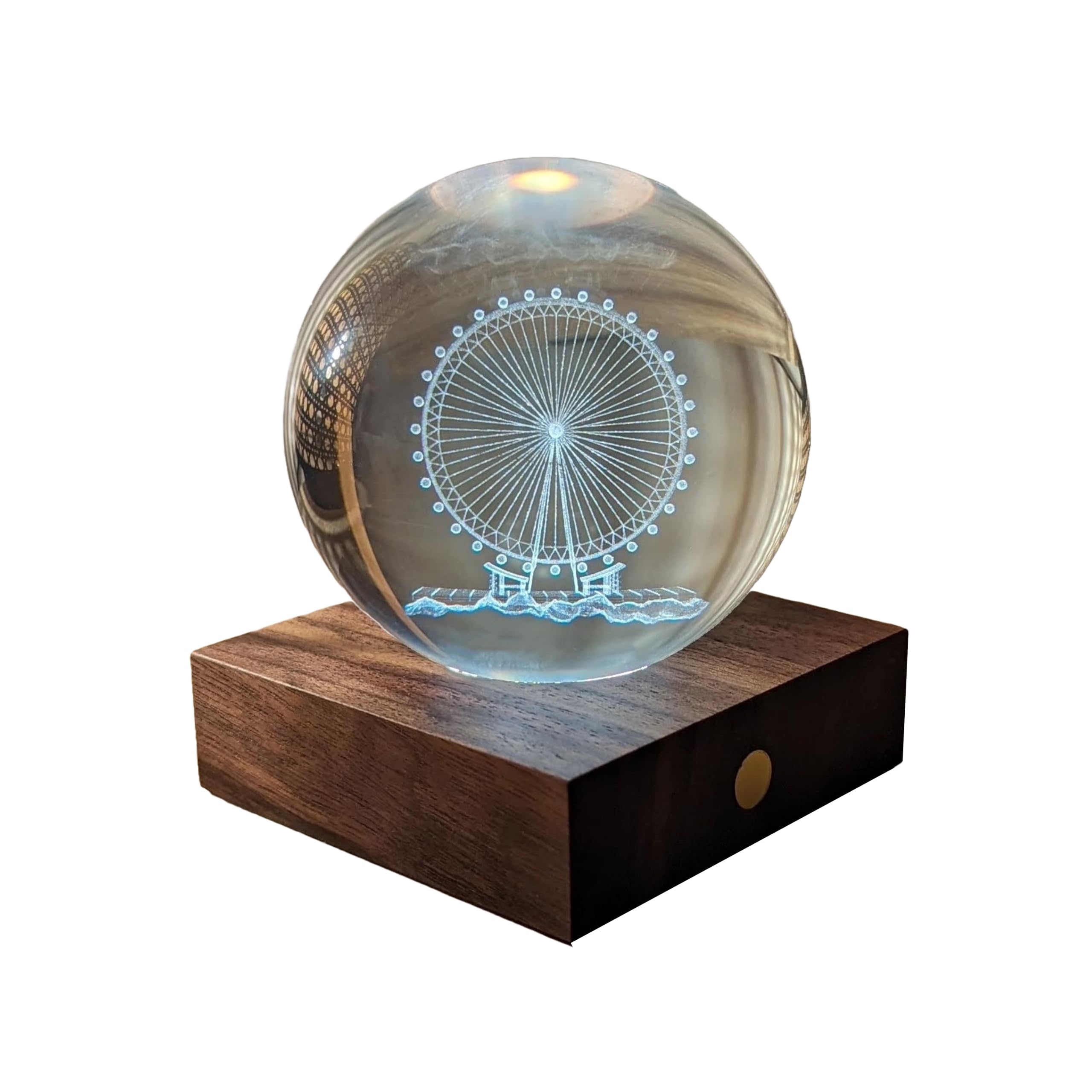 Gingko Amber 3D Laser Engraved Premium Crystal Light with Wooden Walnut Base, LED Lights, Touch Control Button, 4 Light Brightness, USB-C Charging, Packed in Premium Gift Box (Ferris Wheel)