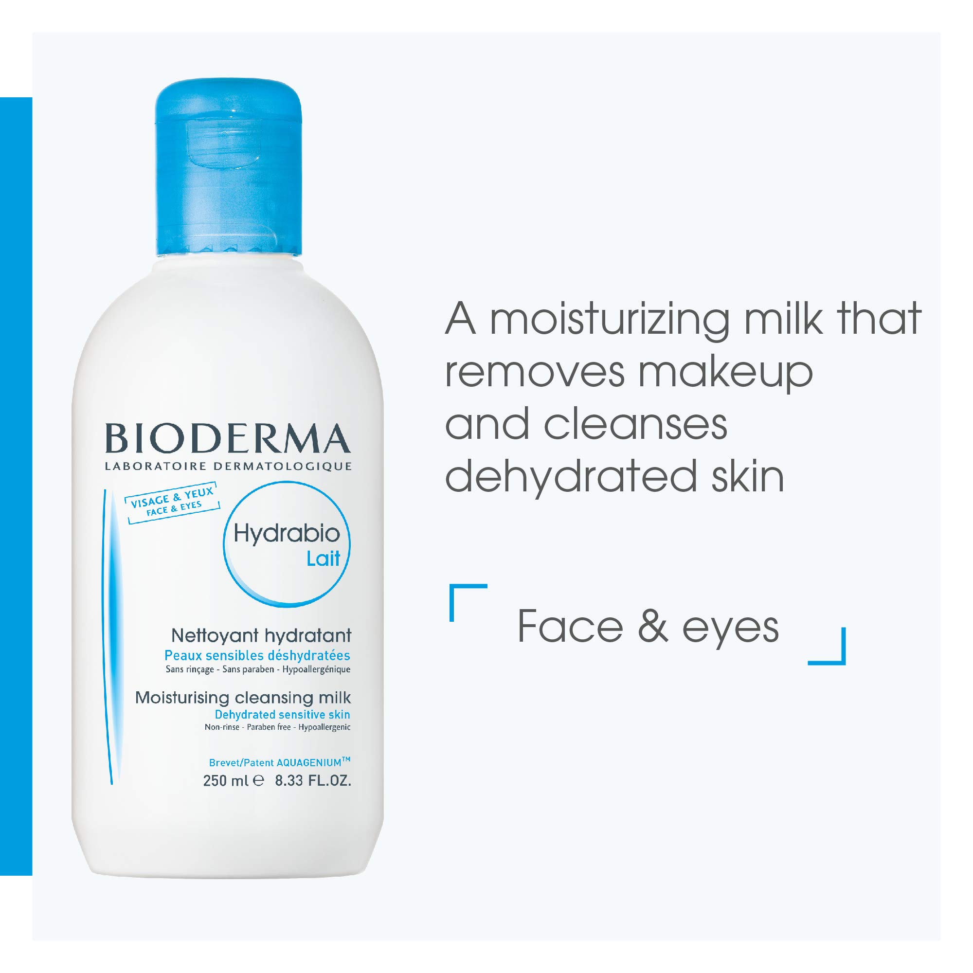 Bioderma Hydrabio Milk Cleansing and Make-Up Removing, Hydrating feeling, for Dehydrated Sensitive Skin, 8.33 Fl Oz
