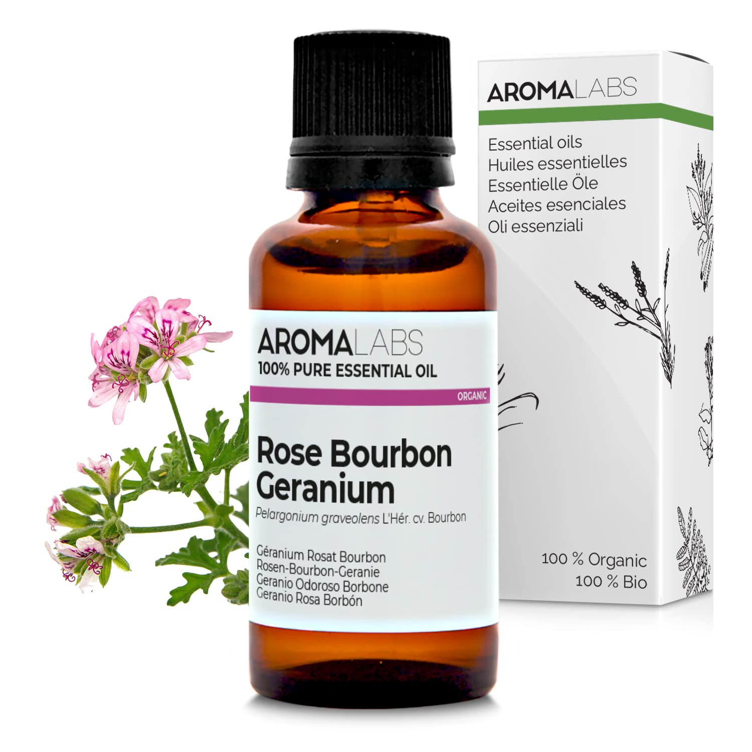 BIO - Rose Bourbon Geranium Essential Oil - 30mL - 100% Pure, Natural, Chemotyped and AB Certified - AROMA LABS (French Brand)