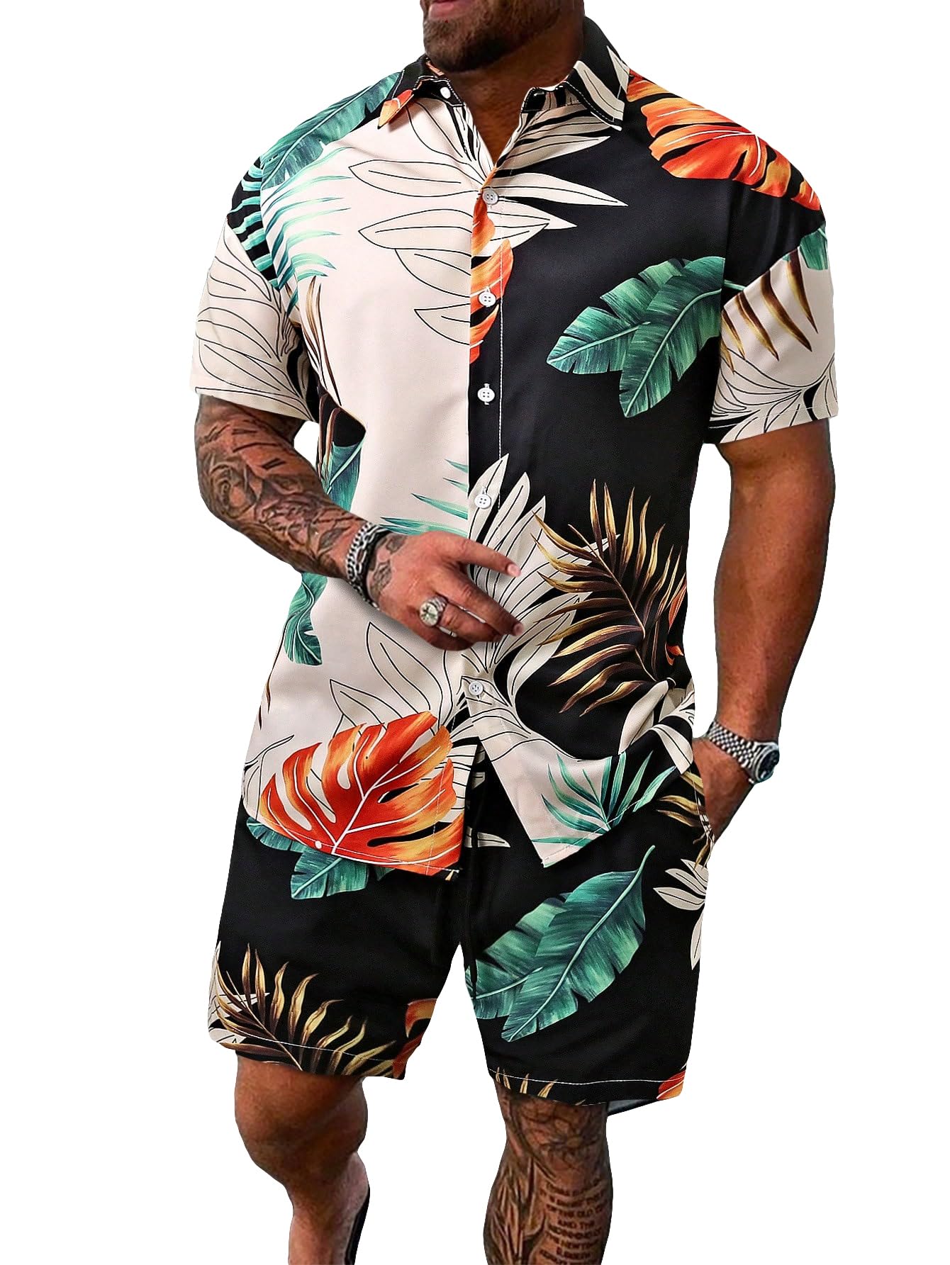 Photo 1 of GORGLITTER Men's Vacation Beach Outfits 2 Piece Shorts Set Floral Hawaiian Button Down Shirt and Shorts Green Multi Large
