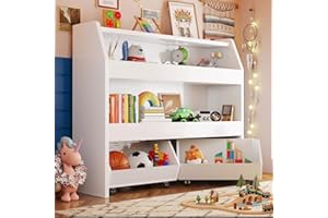 COZPAW Toy Storage Organizer with Movable Drawers, Toys Organizer Bookshelf for Toddlers, Toys Cabinet Chest, Bookcase Storage Bins for Kids Room Bedroom Living Room Nursery, 3 Tier Cold White