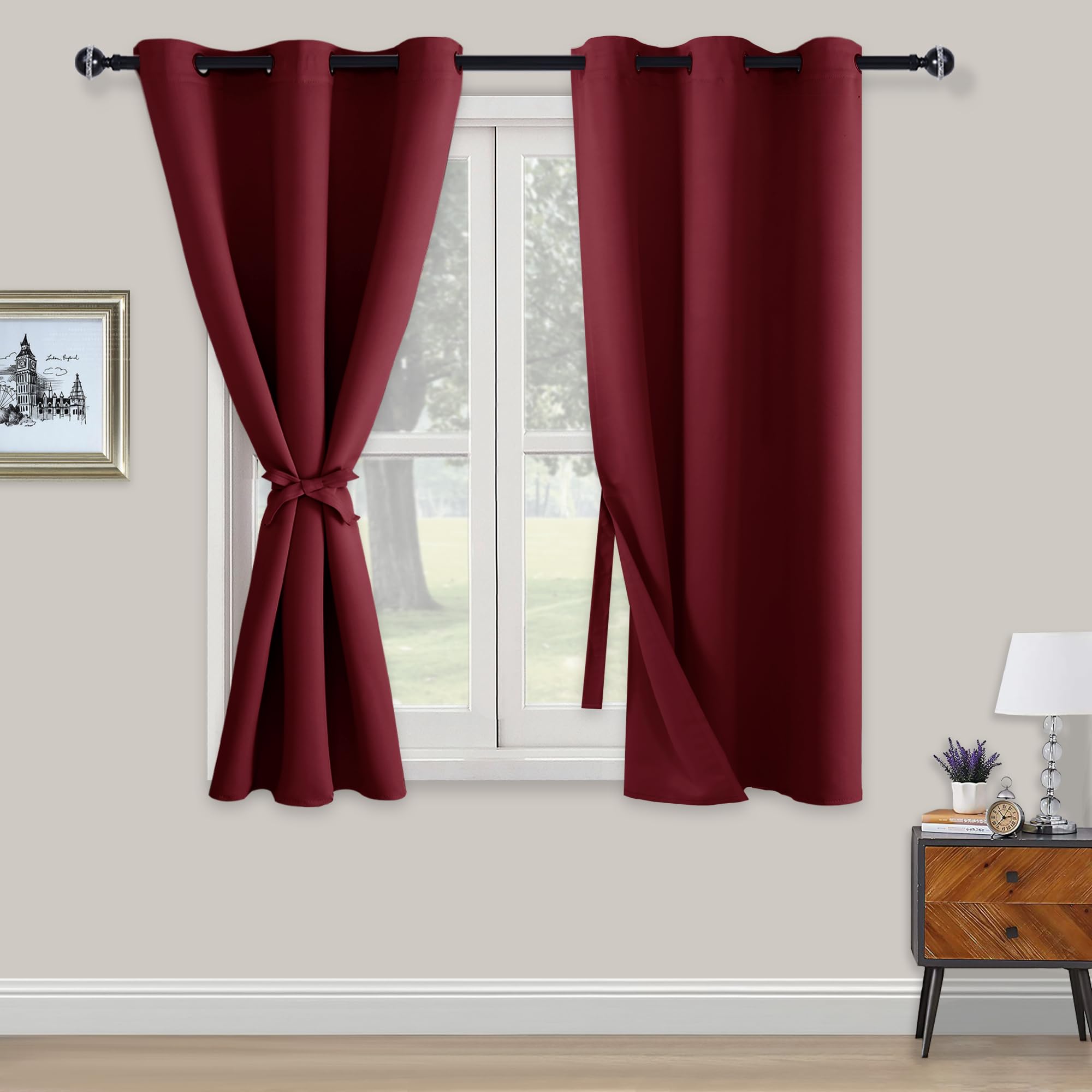 XWZO Blackout Curtains Shades Window Curtain Panels with Tiebacks- Noise Reduction and Thermal Insulated Eyelet Curtains for Bedroom,Living Room,Office,Study Room Burgundy W46xL54