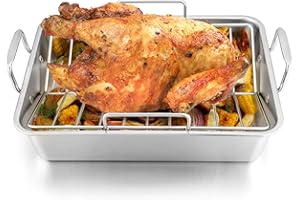 LIANYU 14 Inch Roasting Pan, Turkey Roaster with 2 Racks, Heavy Duty Stainless Steel Deep Broiling Lasagna Pan for Turkey, Chicken, Dishwasher Safe