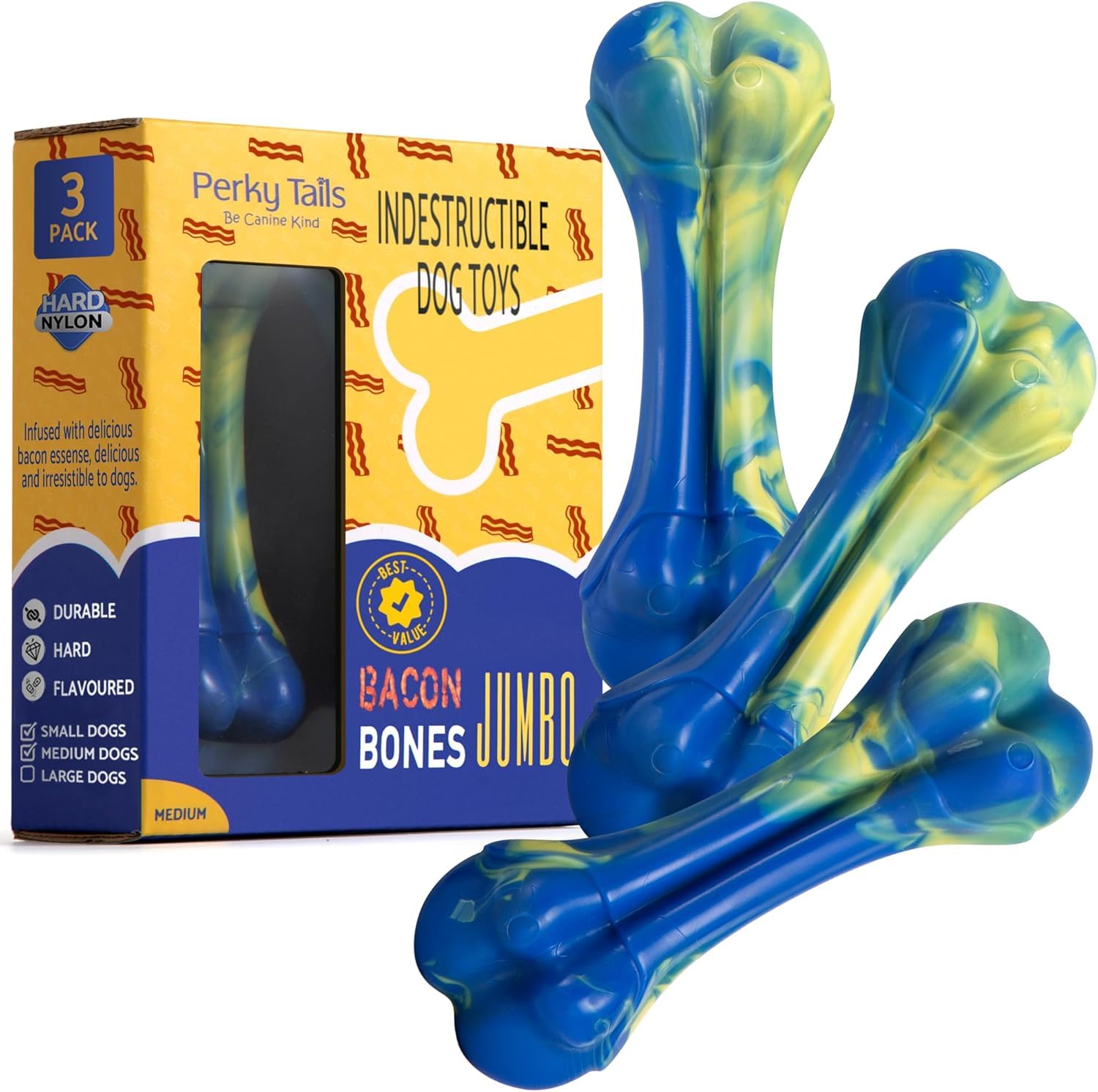 Perky Tails – Almost Indestructible Dog Toys for Small Dogs – Plastic Dog Toys for Aggressive Chewers, Made from Hard Nylon with Delicious Bacon Flavour, 3-Pack