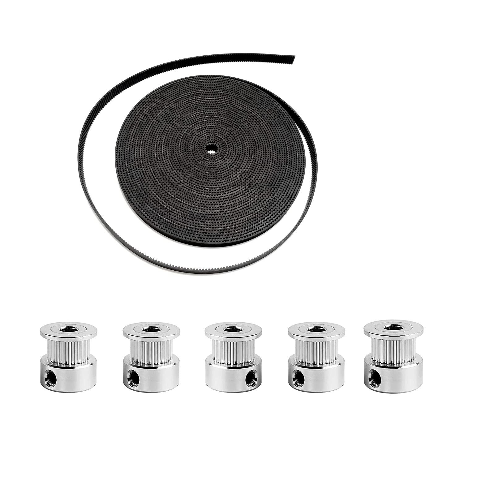 JZK 5 Meters GT2 timing belt 6mm width and 5 Pcs GT2 timing belt pulley 16 teeth 5mm bore for 3D printer, 2GT timing belt with 2GT pulley 16t