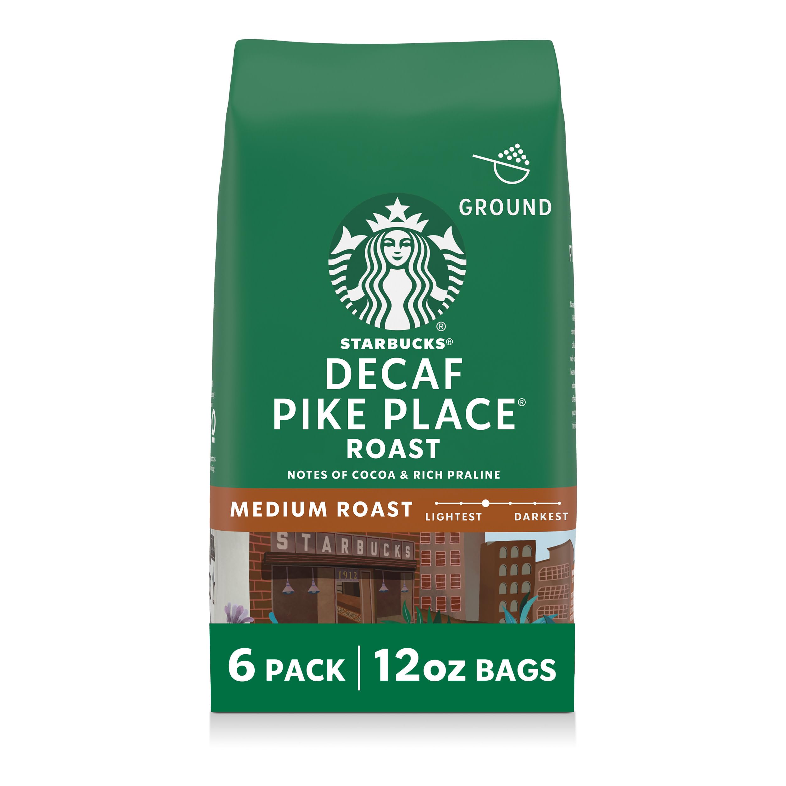 View 1 of **BEST BY 5/21/26**
Starbucks Ground Coffee, Medium Roast Hot or Iced Coffee, Decaf Pike Place Roast, Six 12 oz Bags?