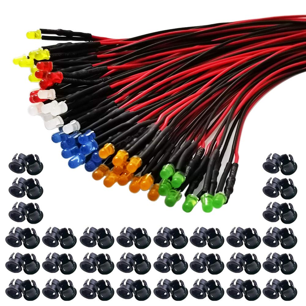 GTIWUNG 60Pcs 12V LED Lights Emitting Diodes, 3mm Pre Wired LED Diodes Light Ultra Bright (10PCS X 6 Colors)Assorted Kit Diffused Colored Lens + 60Pcs 3mm Plastic LED Holder LED Light Mounting Holders