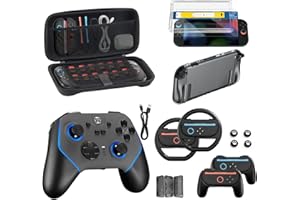 BINBOK VR Switch 2 Accessories Bundle for Nintendo, 16 in 1 Game Kit: Carrying Case, Wireless Controller, Screen Protector with Auto-Alignment OneTouch, Steering Wheel, Joycon for Grip, Protective Case
