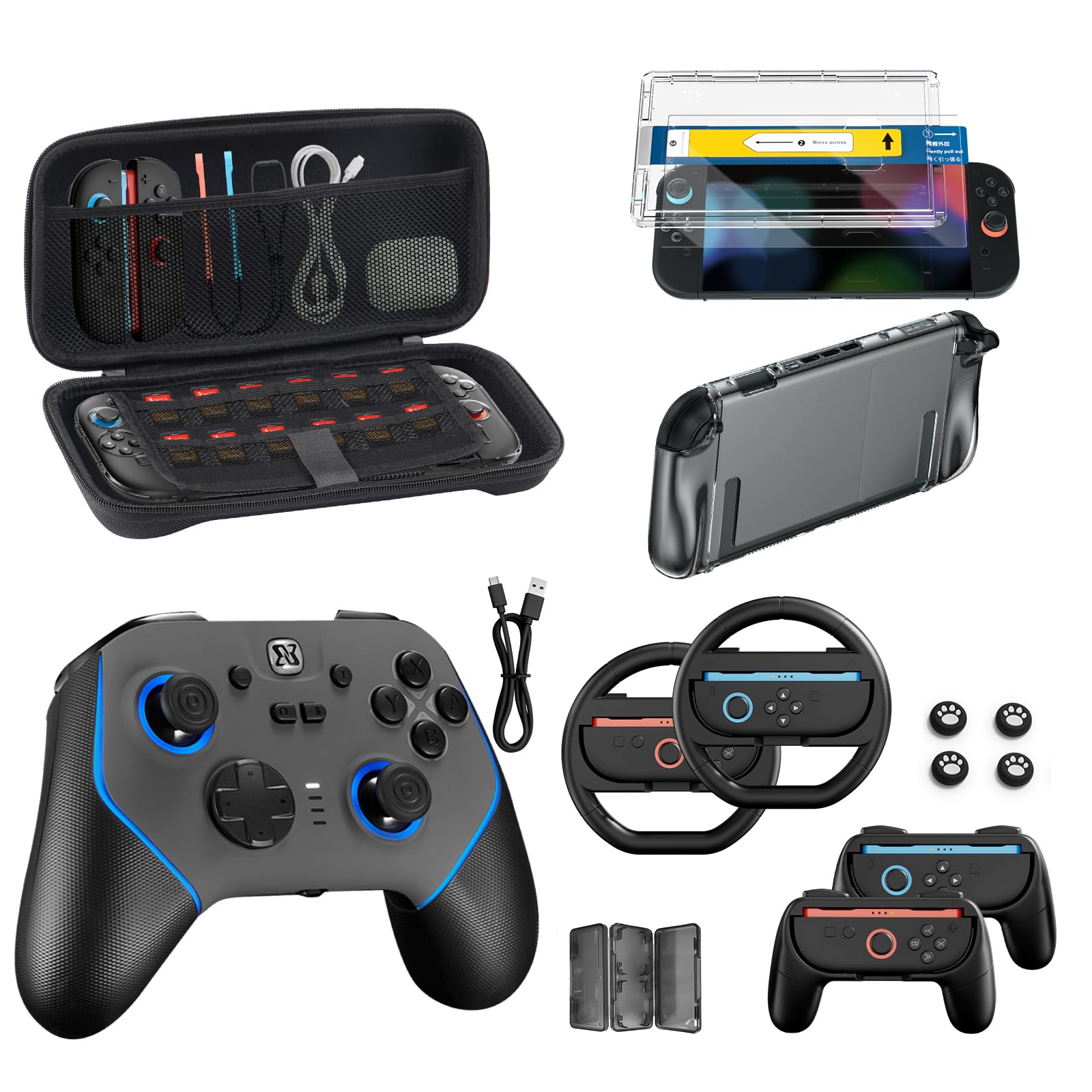 Pro Controller Accessories Bundle for Nintendo Switch 2, 17-in-1: Carrying Case, Screen Protector, Thumb Grip for Joycon, Dockable Console Protective Cover Shell, Steering Wheel, 2025 Switch2 Game Kit Image