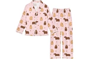 KUEJOP Cute Capybara Drawing Pink Satin Pajama Set, Cute Button-Down Sleepwear Pj Set for 5-14Y