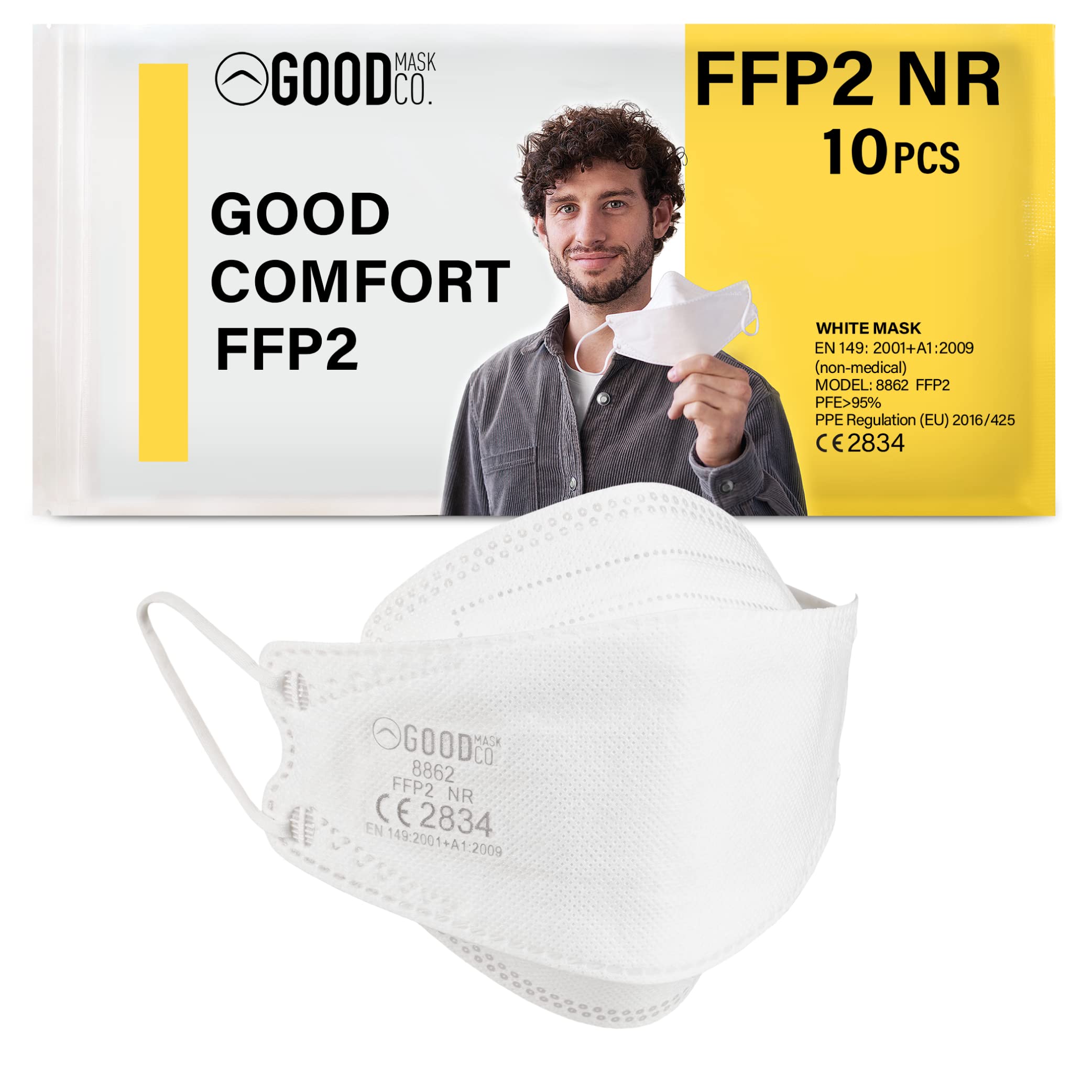 Good Mask Co.Good Comfort Adult Face Masks FFP2 Mask, Disposable and Comfortable Face Masks Dust mask (10pcs, White)