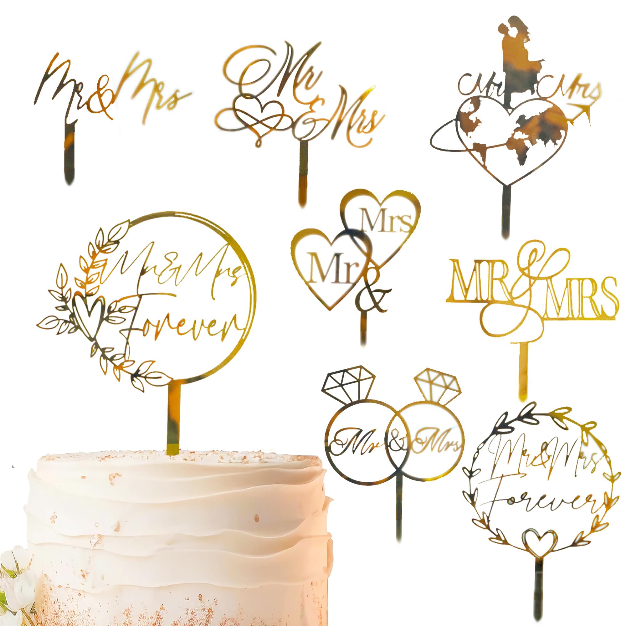 Photo 1 of 8 Pcs Mr and Mrs Cake Topper, Gold Acrylic Wedding Cake Toppers, Personalized Wedding Cake for Weddings, Engagement, Anniversary?Bridal Shower Cake Decoration
