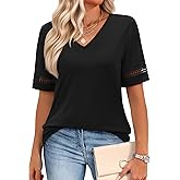 siliteelon Womens Tops V Neck Lace Short Sleeve T Shirts for Dressy Casual Summer 2026 Trendy Clothes