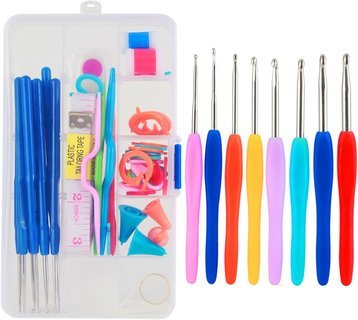 Bytan Crochet Hooks Set 16pcs - Ergonomic Grip Handle Aluminum Yarn Knitting Needles Kit 0.6mm to 6.0mm Crocheting Tools Accessory Set