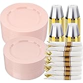 realluck 350 PCS Pink Plastic Dinnerware Set for 50 Guests, 100 Disposable Plates for Party, 50 Pre Rolled Napkins with Gold Silverware, 50 Cups for Wedding, Graduation