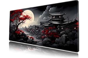 MECHANICAL CATTLE Riverside Full Moon Desk Mat Japanese Desk Pad Black Red Large Mouse Pad Gaming Mousepad Extended XXL Keyboard Pad 31.5 x 11.8 in Laptop Computer Mouse Keyboard Mat for Office Desk Decor