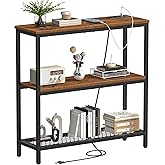 Snughome 3 Tier Narrow 29.5" Console Table with Power Outlets (Brown) | Thin Sofa Side Display Table, Small Entryway Table with 2 USB, 2 Power Outlets, Behind Couch Table, for Living Room, Hallway