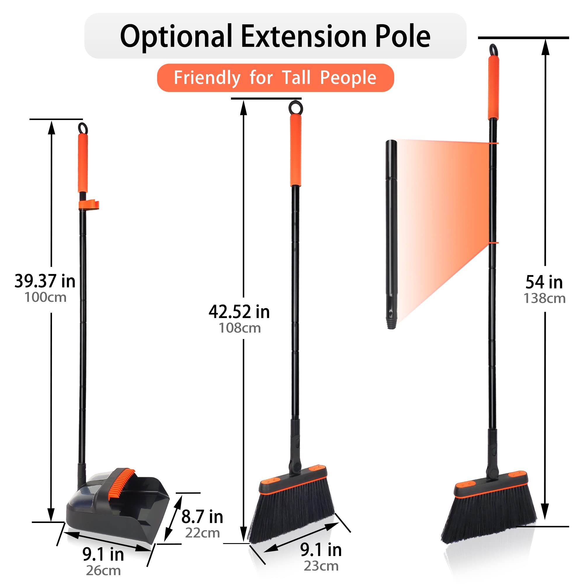 JEHONN Broom and Dustpan Set for Home, Long Handle Lightweight 180 Degree Rotating Broom Set Indoor, Upright Standing Dust Pan with Comb Teeth, Store Sweep Set for Room Kitchen Office Lobby