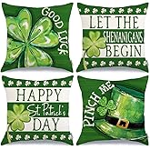 GEEORY Happy St. Patrick's Day Pillow Covers 16 x 16 Inch Set of 4, Green Shamrock Good Luck Leprechaun Hat Pinch Me Farmhouse Throw Pillowcases for Home Sofa Couch Cushion Decoration G431-16