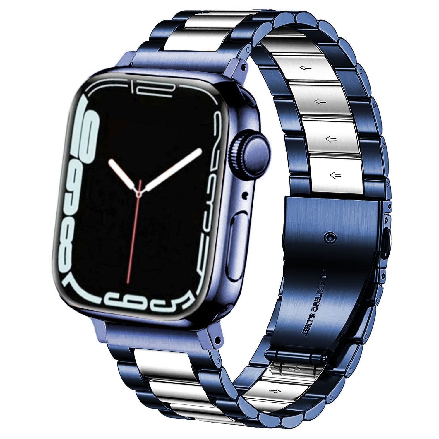 DEALELE Strap Compatible with iWatch 42mm 44mm 45mm 46mm 49mm, Solid Stainless Steel Metal Replacement Bands for Apple Watch Series 10/9 / 8/7 / 6/5 / 4/3 / Ultra/SE Women Men, Blue-Silver