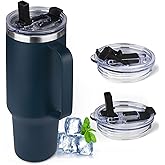 GUDEMAO 40 oz Tumbler with Handle and Flip Straw, 100% Leakproof Insulated Tumbler with Lid and Straw, Stainless Steel Travel Coffee Mug, Insulated Coffee Thermal Cup for Cold and Hot (Deep Blue)