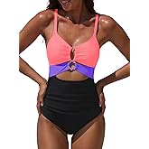 popvil One Piece Swimsuit for Women 2025 Sexy Neon Swim Suits Cut Out Tummy Control Bathing Suit Braid Color Block Swimwear