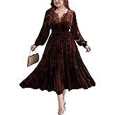 ROSCHICO Women's Velvet Dress Fall Winter Plus Size Long Sleeve V Neck Ruffle Flowy Cocktail Maxi Dresses for Wedding Guest