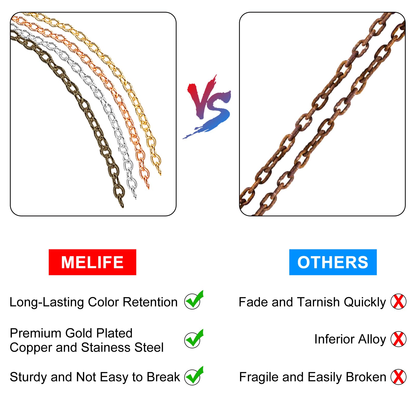 MELIFE 68 FT Jewelry Chain, 7 Rolls 2mm Jewelry Making Chains with Jump Rings and Lobster Clasps, Chains for Jewelry Making DIY Craft Bracelet Necklace Anklet Making