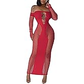 Women's Dress Sexy Club Dress Elegant Long Sleeve Off Shoulder Hollow Out Mesh Bodycon Party Dresses