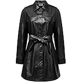 ZDNPX Women's Black Mid Length Faux PU Leather Trench Coat Long Sleeve Motorcycle Biker Overcoat With Belt