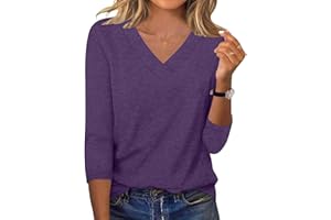 3/4 Length Sleeve Blouses for Women Loose Fit V-Neck Comfy Pullover Tops Solid Color Workout Tee Shirts