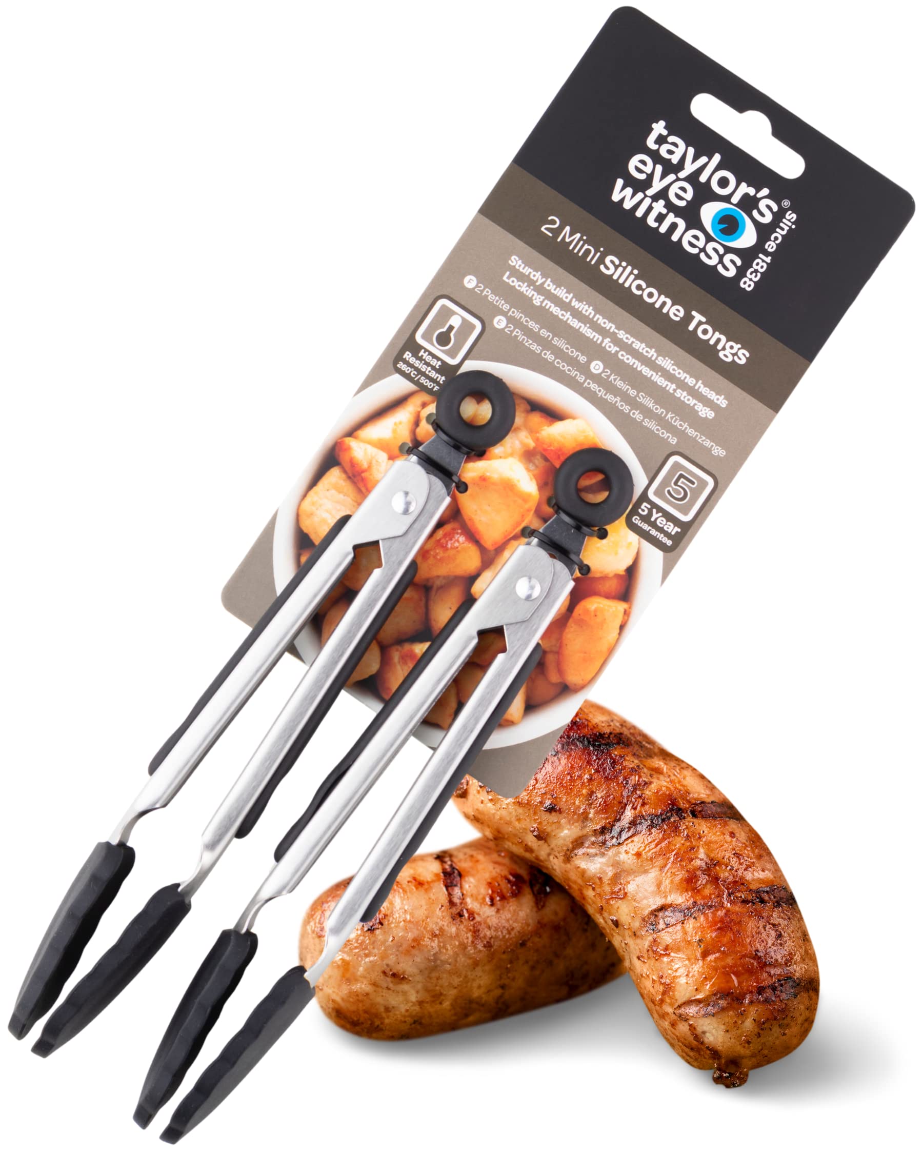 Taylors Eye Witness 2 Small Steel Black Silicone Tongs - Dishwasher Safe. Sturdy Build, Non-Scratch Heads, Convenient Locking Mechanism. Odour, Stain & Heat Resistant (260°C/500°F). 5 Year Guarantee