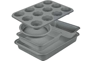 Barlket Baking Pans Set, Baking Set Nonstick with Grey Marble Coating, 5-Piece, Oven Safe, Even Heating, Stackable Bakeware S
