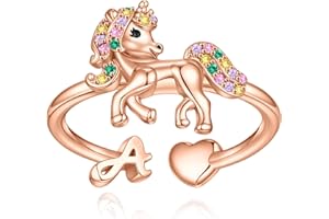 EXQUJEW Unicorn Initial Rings for Teen Girls, Rose Gold/White Gold Plated Heart Initial Rings for Girls Adjustable Stackable Rings for Women Diny Heart Ring for Teen Girls Gifts Unicorns Gifts for Girls
