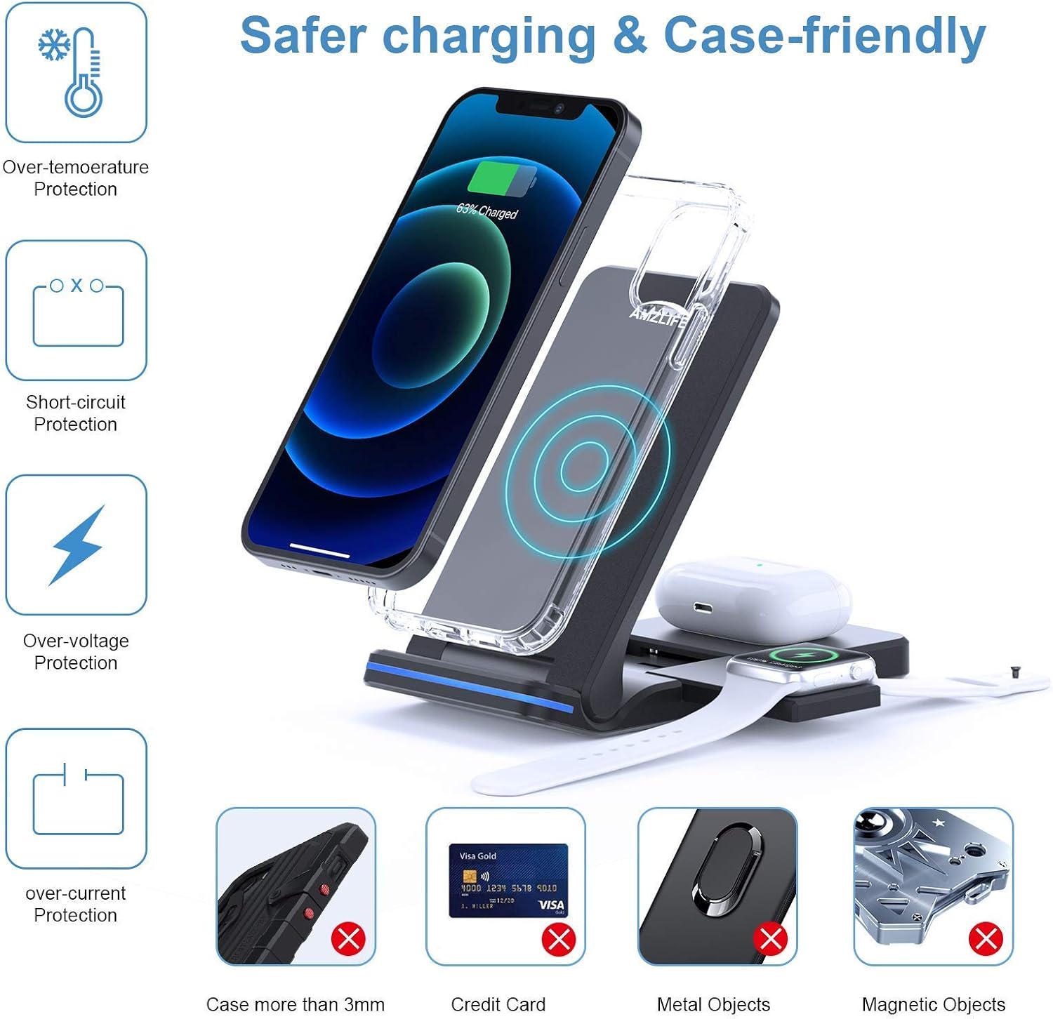 Wireless Charger Foldable Wireless Charging Station 15W 3 in 1 Qi Certified Fast Charger Stand for Apple Watch iPhone AirPods Samsung Galaxy Cell Phone with QC 3.0 Adapter: Electronics